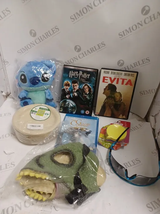 BOX OF APPROXIMATELY 10 ASSORTED ITEMS TO INCLUDE DVD'S, STITCH TOY, SUNGLASSES ETC