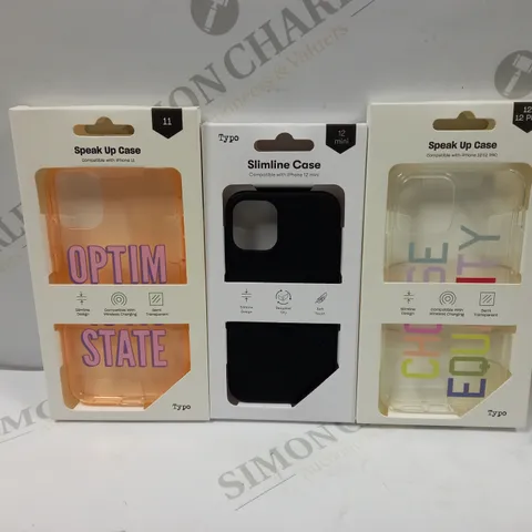 BOX OF APPROXIMATELY 50 TYPO PHONES CASES ('SLIMLINE CASE' & 'SPEAK UP CASE') FOR IPHONE 11, 12 MINI, 12/12PRO IN VARYING COLOURS