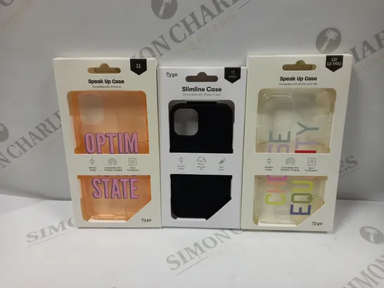 BOX OF APPROXIMATELY 50 TYPO PHONES CASES ('SLIMLINE CASE' & 'SPEAK UP CASE') FOR IPHONE 11, 12 MINI, 12/12PRO IN VARYING COLOURS