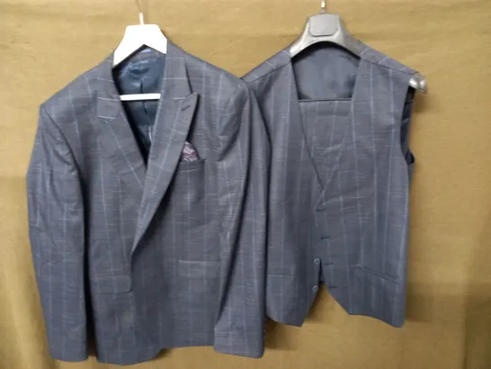 MOSES KUSHNER DARK BLUE CHECK 3-PIECE SUIT - JACKET 56 TROUSERS 48