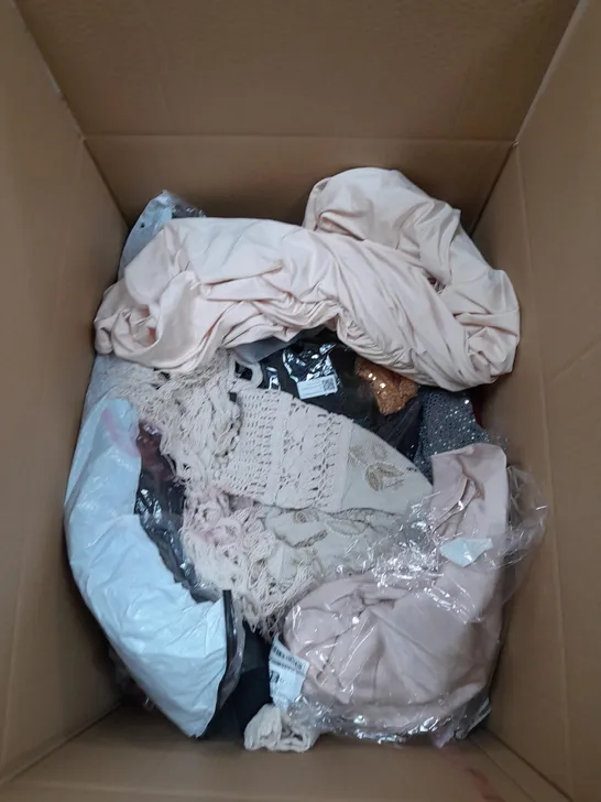 LARGE BOX OF ASSORTED CLOTHING ITEMS IN VARIOUS COLOURS AND SIZES INCLUDING TROUSERS , TOPS AND JUMPERS 