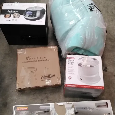 PALLET OF ASSORTED ITEMS INCLUDING MATTRESS TOPPER, MULTIFUNCTION RICE COOKER, ROUND SIDE TABLE WITH TRAY, ELECTRIC POTATO PEELER AND SLIMLINE HEATER