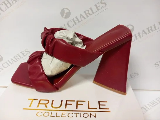 BOXED TRUFFLE COLLECTION FAUX LEATHER RUCHED DOUBLE STRAP HEELED MULES RED SIZE 8