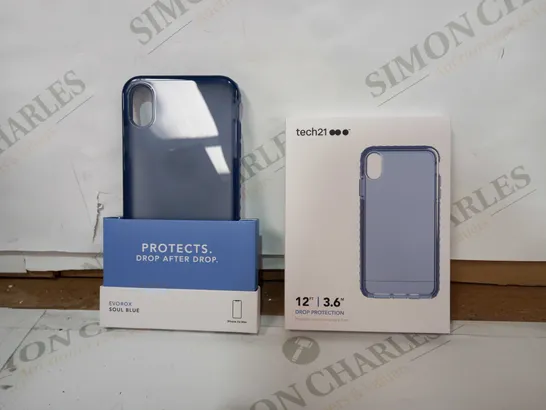 BOX OF 87 PHONE CASES TO INCLUDE 81 BRAND NEW TECH 21 12FT DROP PROTECTION EVOROX SOUL BLUE IPHONE X MAX PHONE CASES, 6 TECH 21 EVO GEM 3M 3-LAYER DROP PROTECTION IPHONE X PHONE CASES