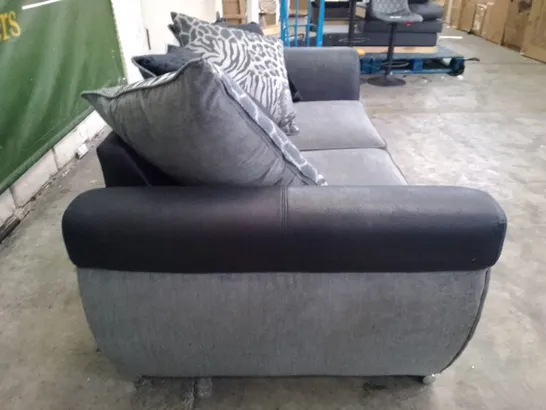 QUALITY DESIGNER 2 SEATER SOFA - GREY FABRIC/BLACK LEATHER