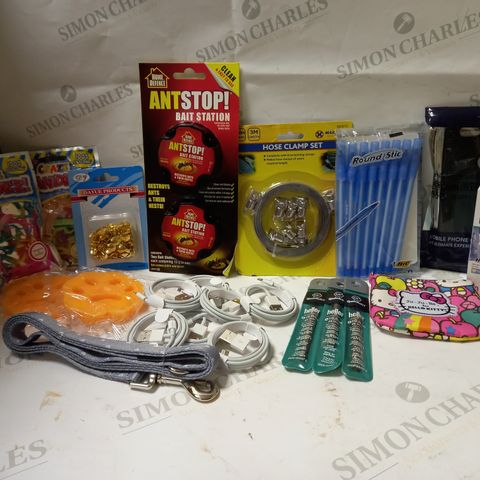 LOT OF APPROX 12 ASSORTED HOUSEHOLD ITEMS TO INCLUDE ROUND STIC BALL PENS, HOSE CLAMP SET, ANT BAIT STATION, ETC