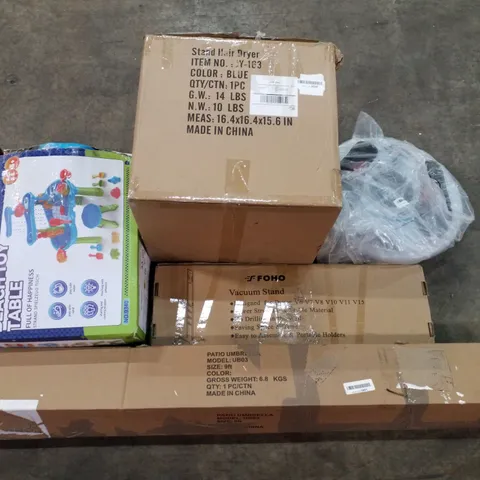 PALLET OF ASSORTED PRODUCTS INCLUDING STAND HAIR DRYER, BEACH TOY TABLE, VACUUM STAND, PATIO UMBRELLA, ELECTRIC MUSCLE STIMULATOR