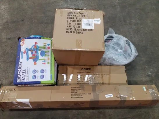 PALLET OF ASSORTED PRODUCTS INCLUDING STAND HAIR DRYER, BEACH TOY TABLE, VACUUM STAND, PATIO UMBRELLA, ELECTRIC MUSCLE STIMULATOR