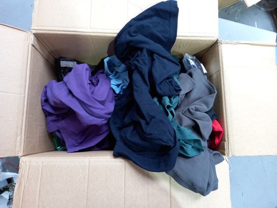BOX OF APPROXIMATELY 12 ASSORTED BRAND NEW DESIGNER CLOTHING ITEMS TO INCLUDE FRUIT OF THE LOOM LIGHT BLUE POLO TOP, DESIGNER NAVY POLO TOP, DESIGNER PURPLE POLO TOP ETC