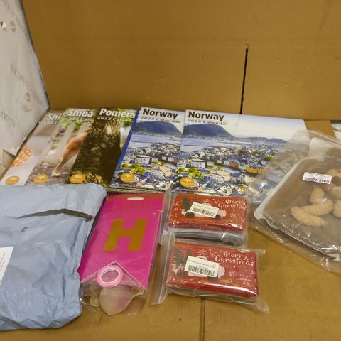 BOX OF APPROX 15 ASSORTED ITEMS TO INCLUDE HOT WATER BOTTLE COVER, 2022 CALENDARS, CHRISTMAS BANNERS
