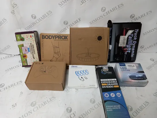 BOX OF APPROX. 8 ASSORTED ITEMS TO INCLUDE CONSOLE CONTROLLER, LED STRIP LIGHTING, EXPANDABLE DRAW DIVIDERS, ETC.