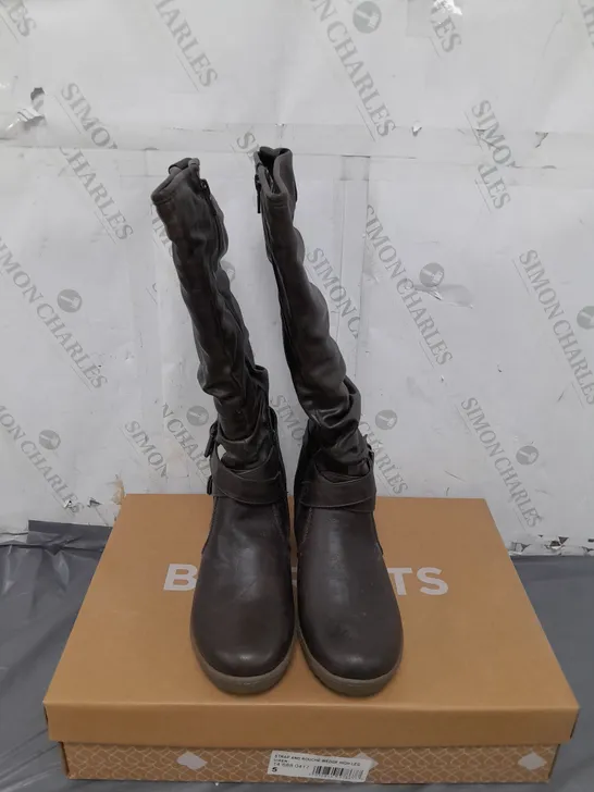 BOX OF APPROXIMATELY 8 PAIRS OF BARRATTS STRAP AND ROUCHE WEDGE BOOTS - SIZE 5