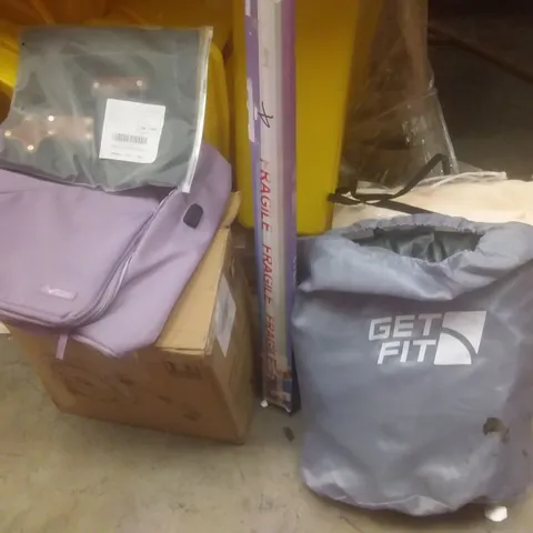 PALLET OF ASSORTED ITEMS INCLUDING AIR BED, LED LIGHT FITTING, HOSE, PURPLE SCHOOL BAG