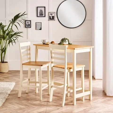 BOXED MONTAY SOLID WOOD FARMHOUSE KITCHEN BREAKFAST BAR TABLE SET WITH 2 MATCHING BAR STOOLS - OAK/CREAM (1 BOX)