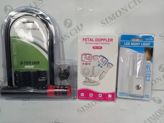 LOT OF APPROXIMATELY 10 ASSORTED HOUSEHOLD ITEMS TO INCLUDE LED NIGHT LIGHT, FETAL DOPPLER, TRI-CIRCLE U-TYPE LOCK, ETC