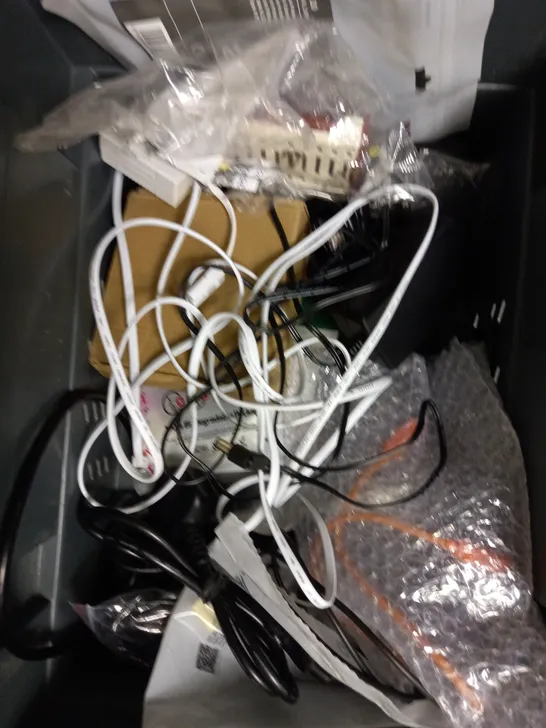 BOX OF APPROXIMATELY 20 ASSORTED ELECTRICAL ITEMS TO INCLUDE ETHERNET CABLES, SKY REMOTES, OPTICAL MICE ETC 