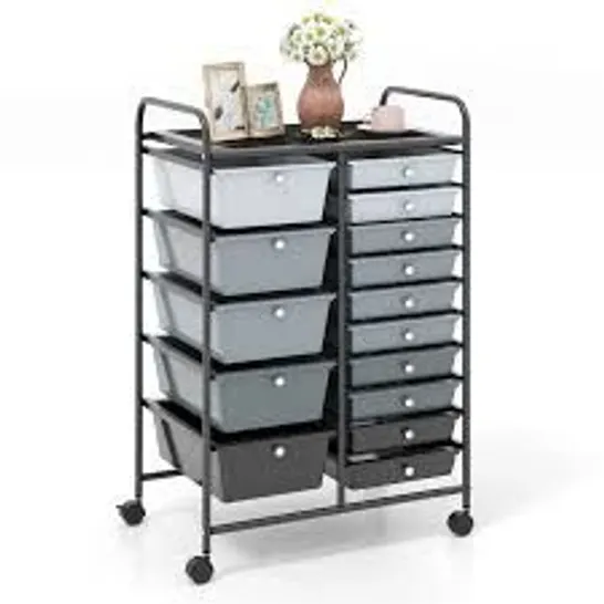 BOXED COSTWAY 15 DRAWER ROLLING STORAGE CART TOOLS SCRAPBOOK PAPER ORGANIZER LIGHTWEIGHT - GREY 