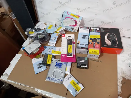 BOX OF APPROXIMATELY 16 ASSORTED ELECTRICAL ITEMS TO INCLUDE BLACKWEB HEADPHONES, ONE FOR ALL REMOTE, POP SOLO GLOW ETC