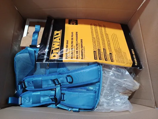 BOX OF APPROXIMATELY 12 ASSORTED ITEMS TO INCLUDE - DEWALT DUST FILTER BAG - SHOWER CADDY - LIGHT BLUE BAG ECT