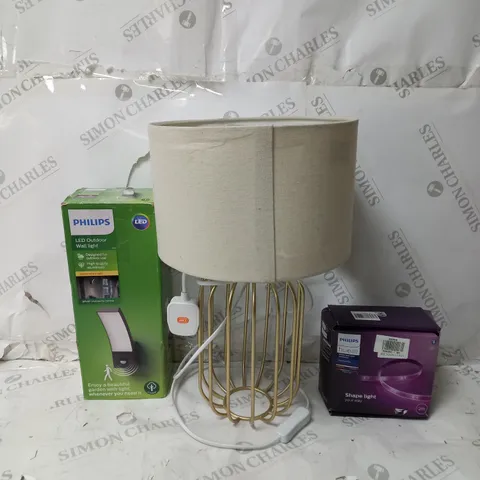 BOX OF APPROX 10 ASSORTED ITEMS TO INCLUDE -  PHILIPS LED OUTDOOR WALL LIGHT - PHILIPS HUE LED STRIP - JOHN LEWIS WIRE LAMP ECT