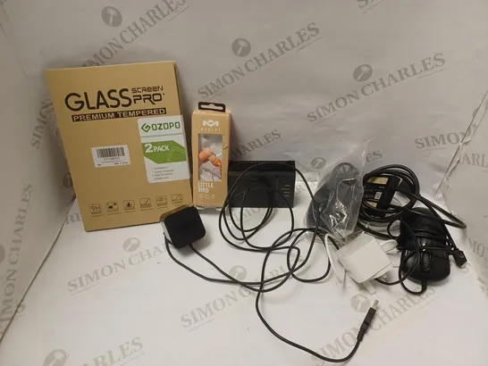 BOX OF ASSORTED ELECTRICALS & ELECTRICAL CABLES OF VARIOUS TYPES TO INCLUDE AMAZON POWER SUPPLY, TEMPERED GLASS SCREEN PROTECTOR, MARLEY LITTLE BIRD WIRED EARBUDS, ETC