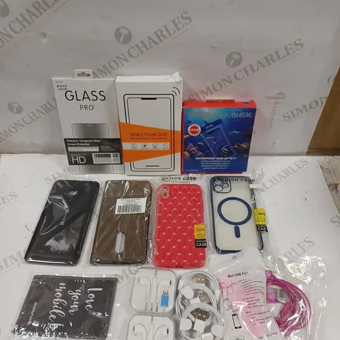 BOX OF APPROXIMATELY 30 ASSORTED MOBILE PHONE/TABLET ACCESSORIES TO INCLUDE PHONE CASES, CHARGING CABLES, WATERPROOF SPLASH BAG ETC 