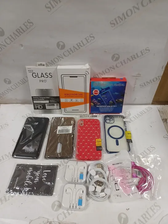 BOX OF APPROXIMATELY 30 ASSORTED MOBILE PHONE/TABLET ACCESSORIES TO INCLUDE PHONE CASES, CHARGING CABLES, WATERPROOF SPLASH BAG ETC 