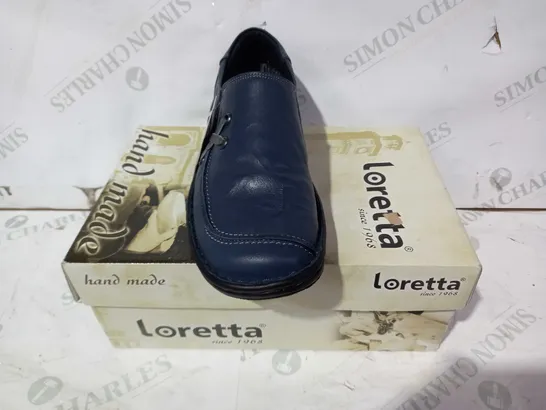 BOXED PAIR OF LORETTA FAUX LEATHER SLIP-ON SHOES IN NAVY EU SIZE 39