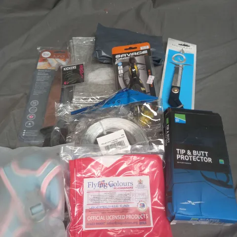 BOX OF APPROXIMATELY 15 HOUSEHOLD ITEMS TO INCLUDE - FLYING COLOURS LEICESTERSHIRE FLAG - SAVAGE GEAR 3D SUICIDE DUCK - MILWARD DRESSMAKING SHEARS - ETC