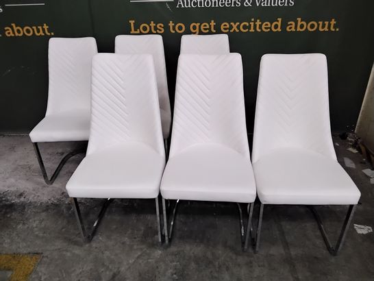 SET OF SIX DESIGNER WHITE LEATHER AND CHROME DINING CHAIRS