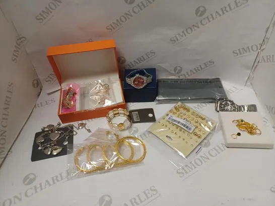 LARGE QUANTITY OF ASSORTED JEWELLERY TO INCLUDE: NECKLACES, RINGS, WATCHES, EARRINGS AND GLASSES FROM MISS FOX, LAURA ASHLEY, JON RICHARD, ETC