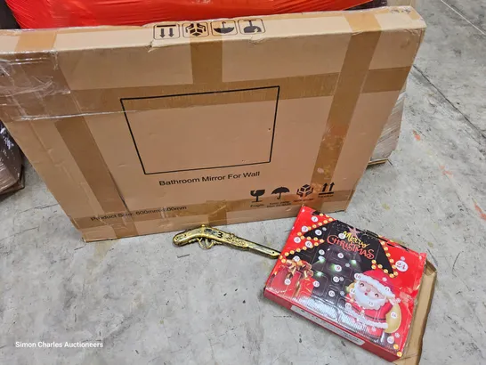 PALLET OF ASSORTED ITEMS TO INCLUDE, ELECTRIC BLANKET, BATHROOM WALL MIRROR, ADVENT CALENDAR, WALKING STICK, TOY PIANO,