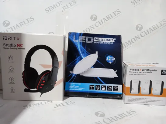 BOX OF APPROXIMATELY 10 ASSORTED HOUSEHOLD ITEMS TO INCLUDE WIRELESS WIFI REPEATER, LED PANEL LIGHT, IBRIT STEREO GAMING HEADSET, ETC