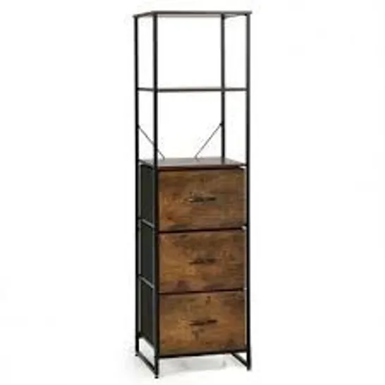 BOXED COSTWAY STORAGE CABINET WITH 3 DRAWERS AND 3-TIER TALL SHELF FOR BEDROOM - RUSTIC BROWN