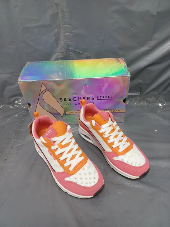 BOXED PAIR OF SKETCHERS STREET 2 MUCH FUN PINK/WHITE/ORANGE SIZE 5 1/2