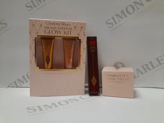 LOT OF 3 ASSORTED CHARLOTTE TILBURY PRODUCTS TO INCLUDE DREAMY SUPERSTAR GLOW KITL, MAGIC CREAM 15ML, HOLLYWOOD LIPS LIPSTICK