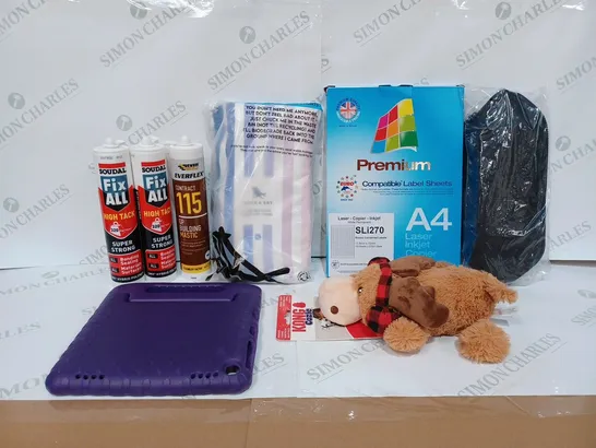 BOX TO CONTAIN APPROX 15 ASSORTED HOUSEHOLD PRODUCTS, INCLUDES LABEL SHEETS, TABLET CASES, BUILDING MASTIC ETC 