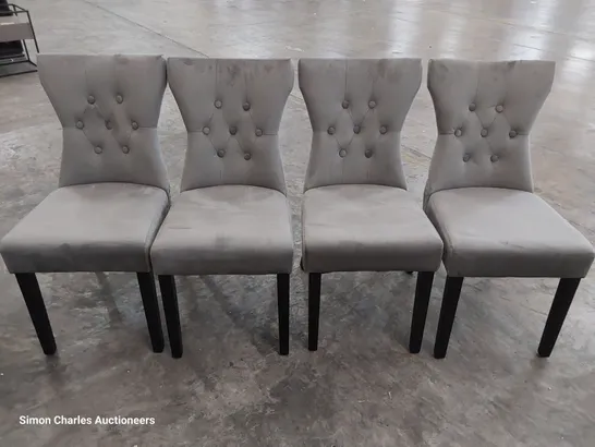 SET OF FOUR UPHOLSTERED BUTTONED RING BACK DINING CHAIRS GREY PLUSH FABRIC ON BLACK LEGS 