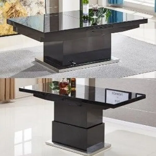 BRAND NEW BOXED ELGIN EXTENDING GLASS TOP GLOSS COFFEE TO DINING TABLE IN BLACK48-78×133-170×80CM (2 BOXES)