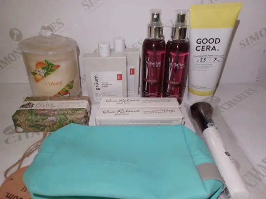 LOT OF APPROX 20 ASSORTED BEAUTY PRODUCTS TO INCLUDE BOTANICAL WATER, VELVET RADIANCE FACE BASE, SCENTED SOAP BAR, ETC 