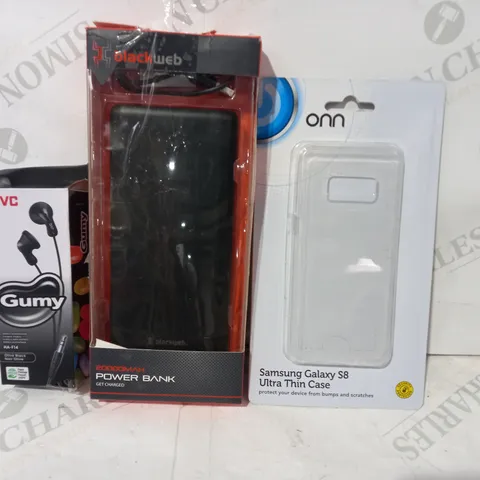 BOX OF APPROXIMATELY 20 ASSORTED ELECTRICAL ITEMS TO INCLUDE ONN SAMSUNG GALAXY S8 THIN CASE, BLACKWEB 20000MAH POWER BANK, JVC GUMY STEREO HEADAPHONES, ETC