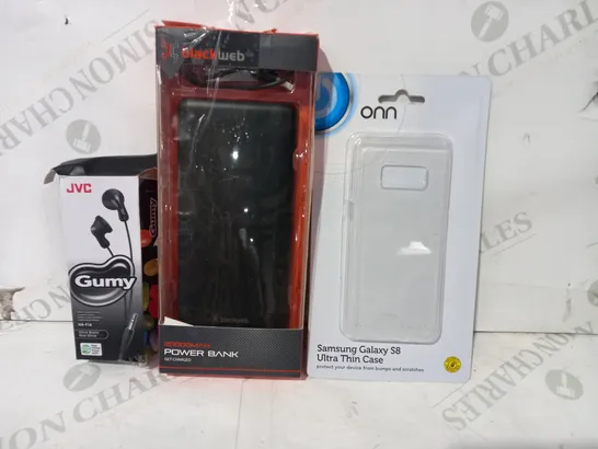 BOX OF APPROXIMATELY 20 ASSORTED ELECTRICAL ITEMS TO INCLUDE ONN SAMSUNG GALAXY S8 THIN CASE, BLACKWEB 20000MAH POWER BANK, JVC GUMY STEREO HEADAPHONES, ETC