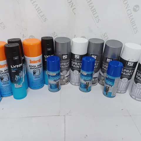 APPROXIMATELY 14 ASSORTED AEROSOLS TO INCLUDE LYNX ICE CHILL (250ml), 151 MULTIPURPOSE SPRAY PAINT WHITE MATT FINISH (400ml), AMBERSIL POOL AND SNOOKER CLOTH CLEANERE (400ml) - COLLECTION ONLY