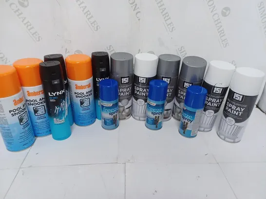 APPROXIMATELY 14 ASSORTED AEROSOLS TO INCLUDE LYNX ICE CHILL (250ml), 151 MULTIPURPOSE SPRAY PAINT WHITE MATT FINISH (400ml), AMBERSIL POOL AND SNOOKER CLOTH CLEANERE (400ml) - COLLECTION ONLY