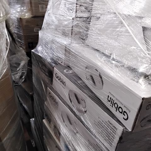 PALLET OF ASSORTED BOXED ELECTRIC ITEMS, INCLUDING, GOBLIN ROBOT VACUUM CLEANERS, SHARP SOUNDBARS, RUSSELL HOBBS STEAM IRON, PORTABLE DVD PLAYERS,