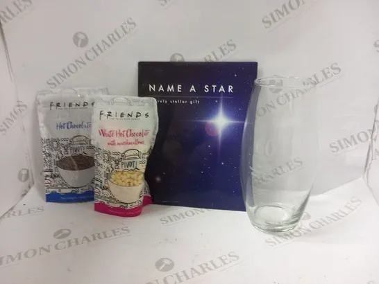 APPROXIMATELY 6 ASSORTED PRODUCTS TO INCLUDE; FRIENDS HOT CHOCLATE SET, NAME A STAR GIFT SET AND PERSONALISED VASE