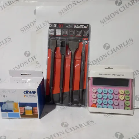 BOX OF APPROXIMATELY 20 ASSORTED HOUSEHOLD ITEMS TO INCLUDE ELECTRONIC CALCULATOR, CHISEL SET, UNIVERSAL CUP, ETC