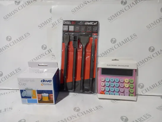 BOX OF APPROXIMATELY 20 ASSORTED HOUSEHOLD ITEMS TO INCLUDE ELECTRONIC CALCULATOR, CHISEL SET, UNIVERSAL CUP, ETC