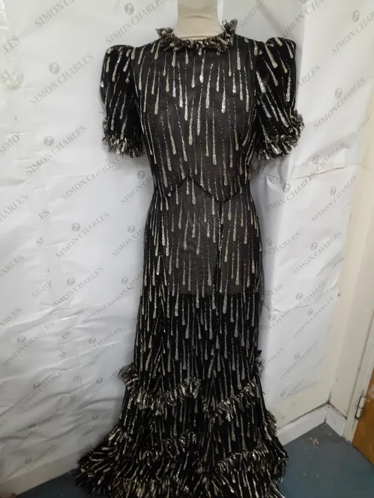 THE VAMPIRE'S WIFE PUFF SLEEVE RUFFLE GLITTER DROPLET MAXI DRESS IN GOLD AND BLACK MESH SIZE 6