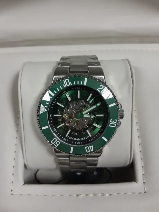 BOXED DESCHAMPS & CO AUTOMATIC WATCH GREEN SKELETON DIAL STAINLESS STEEL STRAP 